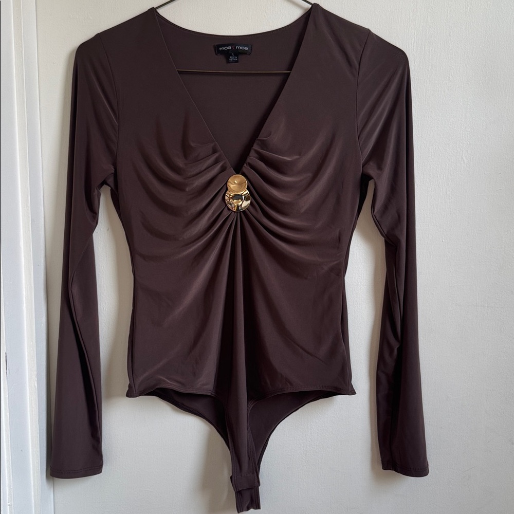 Brown Long Sleeve Bodysuit with Gold Accent